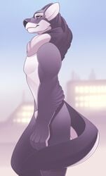 1boy animal_genitalia anthro black_fur blue_eyes blurred_background building canine collar detailed_background fur male male_only mammal neck_tuft nude rudragon sheath solo tuft white_fur