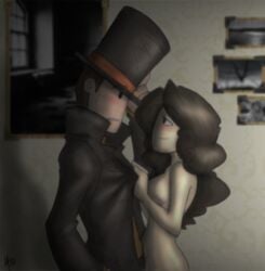 1boy 1girls bare_shoulders black_eyes blush bottomless brown_hair clothed_male_nude_female emmy_altava female half-closed_eyes hat long_hair male medium_breasts nervous no_bra no_panties nose_blush nude professor_layton profile seductive seductive_smile shirt_grab shirt_pull side_view sideboob smile sweat sweatdrop top_hat topless white_skin