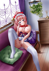 blue_eyes breasts couch female kurumi_(steel_angel_kurumi) long_hair masturbation nipples nude pillow pink_hair pussy steel_angel_kurumi window