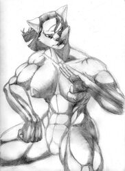 abs anthro biceps big_breasts breasts feline female fur furry monochrome muscles muscular_female nipples nude pencil pussy sketch solo stance