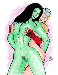 2011 2girls avengers big_breasts black_hair blonde_hair blue_eyes braided_hair breast_grab breasts cammy_white capcom color crossover drawn eastern_and_western_character female female_only gloves green-skinned_female green_eyes green_skin hair hands_on_breasts hat hulk_(series) light-skinned_female long_hair marvel marvel_comics marvel_vs._capcom michael_powell multiple_girls navel nipples nude powguero pubic_hair pussy she-hulk simple_background smile street_fighter twin_braids vagina yuri