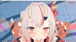 3d :>= animated blowjob blush cum cum_in_mouth dark-skinned_male hololive hololive_gen_2 hololive_japan horn multicolored_hair nakiri_ayame oni oni_horns red_eyes small_breasts umitomito virtual_youtuber white_hair