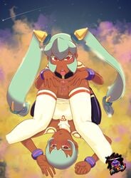 2girls anilingus anus aqua_hair badguyfactory bare_shoulders dark_skin female green_hair hair high_resolution legs_over_head mega_man mega_man_legends multiple_girls oral pussy pussy_juice red_eyes rimming sera_(mega_man_legends) shaved_pussy shooting_star small_breasts space spread_anus thigh_boots thighhighs tied_hair tongue twintails uncensored yuna_(mega_man_legends) yuri