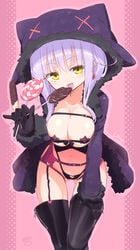 1girls black_gloves black_legwear blush breasts candy chocolate_banana cleavage earrings erect_nipples eyebrows_visible_through_hair female garter_belt garter_straps gloves highres homura_subaru hoodie jewelry large_breasts leaning_forward licking lollipop long_hair looking_at_viewer navel original pasties purple_hair purple_pasties smile solo solo_female star_pasties thighhighs tongue tongue_out yellow_eyes