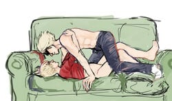 2boys blonde_hair bro_strider clothing couch dave_strider homestuck imminent_sex incest looking_at_another male ms_paint_adventures muscular no_pants shirtless short_hair sunglasses white_background white_skin yaoi