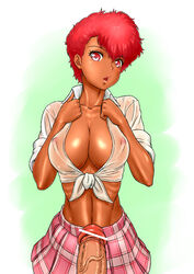 1boy 1girls 2011 2d breasts censored curvaceous dark-skinned_female dark_skin dirty_pair female headband human kei_(dirty_pair) large_breasts male male_pov nipples open_mouth penis pov red_eyes red_hair renko_(gayosiz) school_uniform see-through short_hair skirt solo_focus tomboy unseen_male_face