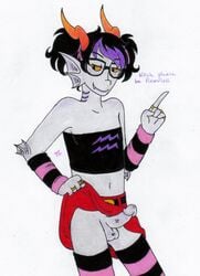 1boy black_hair crossdressing dialogue dyed_hair eridan_ampora fang fins gills glasses grey_skin homestuck horns male_focus male_only march!eridan ms_paint_adventures pandemoniumincarnate penis purple_highlights rings short_hair skirt skirt_lift smile solo solo_male stockings text troll tubetop white_background yellow_eyes