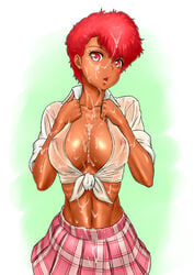 1girls 2011 breasts cum cum_in_hair cum_on_clothes curvaceous dark-skinned_female dark_skin dirty_pair facial female headband human kei_(dirty_pair) large_breasts looking_at_viewer red_hair renko_(gayosiz) ribs school_uniform short_hair solo tomboy