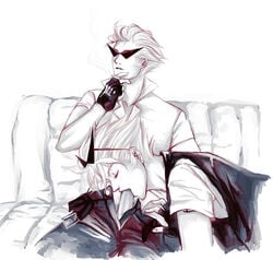 2boys artist_request bro_strider cigarette closed_eyes clothing couch dirk_strider ear_piercing fellatio fingerless_gloves gay homestuck male ms_paint_adventures oral penis selfcest shirt sitting smoking sunglasses white_background white_hair white_skin