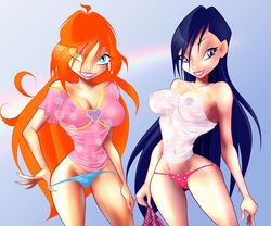 2girls areola bloom_(winx_club) blue_eyes blue_hair breasts cleavage erect_nipples eyeshadow female female_only hourglass_figure human lipstick long_hair looking_at_viewer makeup multiple_girls musa musa_(winx_club) nipples orange_hair panties rainbow_(animation_studio) red_hair see-through smile smiling teenager thin_waist winx_club zfive