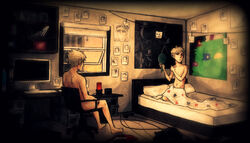 2boys bed bed_sheet bedroom blonde_hair bro_strider dave_strider embarrassed gay homestuck incest mirror ms_paint_adventures naked red_eyes short_hair white_skin