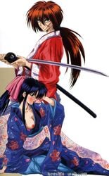 1boy 1girls blue_hair breasts breasts_out exposed_breast female hair_ribbon human kaoru_kamiya kenshin_himura long_hair male nipples nude_filter official_artwork_edit one_breast_out open_clothes open_kimono pale-skinned_female pale_skin ponytail rurouni_kenshin shounen_jump tagme