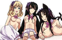 3girls animal_ears big_breasts black_hair blonde_hair bloomers blue_eyes breasts catgirl gray_eyes grey_eyes hand_on_breast high_school_dxd kuroka_(high_school_dxd) le_fay_pendragon_(high_school_dxd) matching_outfit matching_underwear multiple_girls nekomata nipples open_mouth ophis_(high_school_dxd) partially_clothed pointy_ears ribbon sitting small_breasts tagme tail taramo tongue_out topless topless_female yellow_eyes