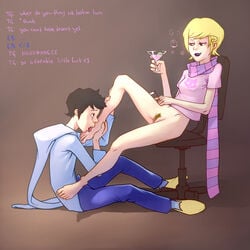 1boy 1girls barefoot black_lipstick blonde_hair bottomless brown_hair clothing dialogue drink drunk feet foot_fetish foot_lick foot_worship god_tier_outfit grin homestuck john_egbert licking ms_paint_adventures pubic_hair pussy roxy_lalonde scarf short_hair simple_background straight text webcomic