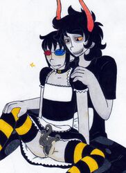 2boys black_hair blush clothed clown collar crossdressing cuntboy cuntboy_sans_balls facepaint gamzee_makara glasses grey_skin herm hermaphrodite homestuck horns intersex maid_uniform male maleherm ms_paint_adventures multi_genitalia multi_penis pandemoniumincarnate penis pointy_ears precum pussy rude_elixir sharp_teeth short_hair smile sollux_captor tentabulge triphallia troll white_background yaoi yellow_eyes