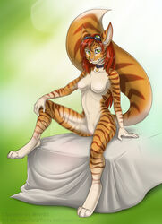 anthro bed breasts cabbit collar eyewear feline female fur furry goggles hair lagomorph looking_at_viewer meph nipples pussy rabbit red_hair rotarr sitting solo stripes