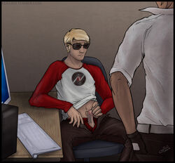 2boys blonde_hair bro_strider clothing dave_strider fingerless_gloves homestuck incest male ms_paint_adventures penis penis_piercing red_eyes short_hair sunglasses tan_skin yaoi