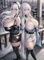 2girls ai_generated big_breasts blue_eyes elf elf_ears elf_female hartman_hips large_ass light-skinned_female long_hair nai_diffusion original original_character pale-skinned_female pointy_ears silver_hair sister sisters stable_diffusion tagme thin_clothing twins white_hair