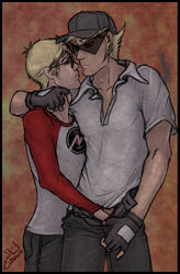 2boys arms_behind_head blonde_hair bro_strider clothing dave_strider fingerless_gloves gay hand_in_pants homestuck incest looking_at_another ms_paint_adventures red_eyes short_hair sunglasses white_skin