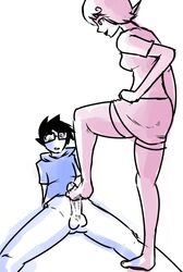 1boy 1girls black_hair black_lipstick clothing foot_fetish footjob glasses god_tier_outfit homestuck john_egbert ms_paint_adventures penis pink_hair pink_skin roxy_lalonde short_hair stockings straight webcomic white_background white_skin