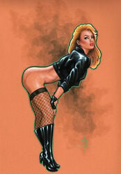 bent_over black_canary blonde_hair blue_eyes bottomless dc female fishnets gloves green_arrow_(series) long_hair mmcdart