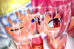 blue_eyes blue_hair clothes color female hair hat human kris_(pokemon) licking male multiple_females penis pink_hair pokemon pokemon_gsc red_eyes straight sue_(shnwt1236547890) tagme whitney_(pokemon)