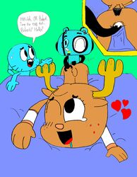 1girls 1robot 2boys anal anal_penetration anal_sex bed bobert_(tawog) cartoon_network cat cervine colored cucked_by_friend cum cum_in_ass cum_in_pussy cum_inside deer double_penetration english_text feline female flat_colors from_behind gumball_watterson heart machine male mechanical netorare penis penny_fitzgerald penny_fitzgerald_(before_canon_real_form) pussy random_anon robot sex speech_bubble straight the_amazing_world_of_gumball threesome traditional_art uncensored vaginal_penetration vaginal_sex young