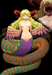 1girls blonde_hair blood breasts breath_of_fire censored gore green_eyes guro lamia long_hair medium_breasts monster monster_girl myria naga nipples nude pubic_hair pussy snake solo wings