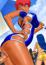 2011 2girls ass blue_hair breasts censored curvaceous dark-skinned_female dark_skin dirty_pair dress erection_under_clothes female hair human kei_(dirty_pair) large_breasts light-skinned_female light_skin long_hair looking_at_viewer male multiple_girls penis red_hair renko_(gayosiz) sex short_hair solo_focus thick_thighs tomboy unseen_male_face wide_hips yuri_(dirty_pair)