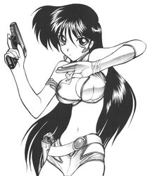 1girls 2003 breasts curvaceous dirty_pair female gloves greyscale gun human large_breasts long_hair looking_at_viewer monochrome nipples pointy_chin shimizu_kiyoshi solo tagme yuri_(dirty_pair)