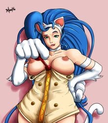 ahoge animal_ears bare_shoulders blazblue blue_hair breasts capcom cat_ears cat_tail choker clothing cosplay darkstalkers fangs felicia_(darkstalkers) female green_eyes hand_on_hip highres huge_ahoge large_breasts long_hair medium_breasts nipples paws radprofile ramiro_de_la_cruz simple_background solo tail taokaka taokaka_(cosplay) tongue tongue_out very_long_hair zipper