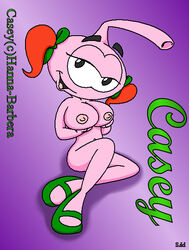 anthro bow breast_lift breasts casey_kelp character_name crossed_legs eyebrows female female_only footwear grey_eyes hair hairbow hanna-barbera huge_breasts looking_at_viewer nipples nude open_eyes open_mouth pandafox pink_nipples pink_skin purple_background red_hair shoes short_hair sitting smile snork snorkel snorks solo text tied_hair twintails