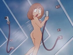 ass background brown_hair enf eyes_open female female_only mai_machiko maicching_machiko-sensei mia_machiko screencap short_hair shower solo surprised uncensored