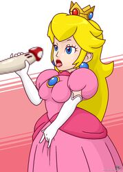 1girls blonde_hair blue_eyes breasts brooch censored clothing crown dress dressed earrings elbow_gloves female fingering fingering_through_clothes fully_clothed gloves half-closed_eyes handjob lips lipstick long_hair mario_(series) masturbation mushroom nintendo open_mouth penis penis_grab princess_peach super_mario_bros. tagme tongue tongue_out val_(artist)