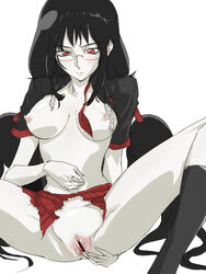 1girls black_hair blush breasts censored censored_pussy dark_hair eyebrows_visible_through_hair female female_only glasses looking_at_own_pussy looking_down mythology nipples only_female partially_clothed pussy red_eyes red_skirt ripped_clothing ripped_skirt skirt socks solo solo_female solo_focus tagme vagina white_background white_body white_skin