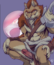 1boy 2012 anthro armor artist_initials artist_logo balls ballsack bara beige_countershading body_fur canine claws clothed clothing erection furry_balls furry_only happy harness hindu humanoid_penis iranian jackal jackalman kaynar loincloth loincloth_aside long_hair_male looking_at_you male male_only masculine mature_male orange_hair penile penis red_eyes rrowdybeast scrotum seductive shiva showing_penis simple_background skirt smiley smooth_penis solo squatting tan_fur teeth_showing testicles thundercats thundercats_2011 warrior yellow_sclera