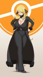 2017 alternate_breast_size aurahack big_breasts black_clothing blonde_hair clothed clothed_female cynthia_(pokemon) female female_only fully_clothed hands_on_hips hourglass_figure human large_breasts looking_at_viewer nintendo pokemon pokemon_dppt smile solo thick_thighs