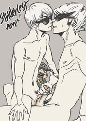 2012 2boys closed_eyes dave_strider dirk_strider grey_background handjob homestuck incest lil_cal_(homestuck) male male_only ms_paint_adventures naked nipples orange_eyes penis puppet short_hair sunglasses white_hair white_skin yaoi