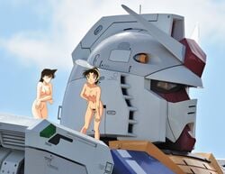 2girls brown_hair crossover detective_conan female gundam kazuha_toyama mecha multiple_girls nipples nude ran_mouri