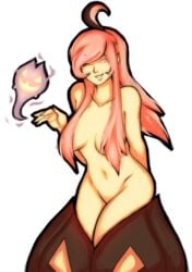 ahoge antiheld breasts female ghost glowing_eyes gourgeist hair_over_breasts human long_hair navel nintendo orange_eyes personification pink_hair png png_file pointy_ears pokemon pokemon_xy sharp_fingernails simple_background solo tabletorgy transparent_background wink