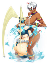 2girls ass blonde_hair breasts dark-skinned_female dark_skin elena_(street_fighter) female female_only green_eyes grey_hair hug huge_breasts human interracial johnrokk multiple_females multiple_girls nipples rainbow_mika see-through street_fighter surprised water wet white_background yuri