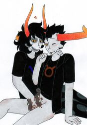 2boys black_hair face_paint fangs gamzee_makara gay grey_skin handjob homestuck horns long_hair ms_paint_adventures multi_genitalia multi_penis pandemoniumincarnate penis pointy_ears precum rude_elixir sharp_teeth short_hair smile sweat_drop tavros_nitram tentabulge tongue_out triphallia troll white_background