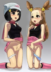 2girls black_hair blush brown_hair clothed_masturbation clothing color cosplay dawn_(pokemon)_(cosplay) erika_(pokemon) female female_only group_masturbation gym_leader human jasmine_(pokemon) kneeling masturbation multiple_females multiple_girls nintendo panties panties_around_leg pokemon pokemon_dppt pokemon_gsc pokemon_hgss pussy skirt skirt_lift sweat torande toranoe