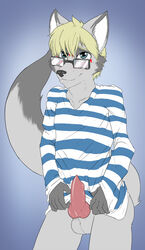 1boy 2014 animal_genitalia anthro blonde_hair bottomless canine canine_penis clothing eyewear fur furry glasses grey_fur hair knot luckystreak_(character) male male_only mammal penis poisson shirt smile solo standing