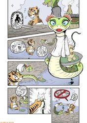 alcohol animal carrying colored comic dreamworks drinking feline female female_only green_skin happy hot_spring kung_fu_panda laughing looking_back master_tigress master_viper reptile snake tiger yuri zenmigawa