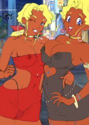 2girls :d ;d alternate_costume arm armlet arms bare_arms bare_shoulders black_dress blonde_hair blue_eyes bracelet breasts city cleavage clenched_teeth collarbone color colored dark-skinned_female dark_skin dress duo earrings family female female_only grin happy hoop_earrings hug human humanoid jewelry large_breasts lips lipstick long_hair looking_at_viewer makeup mature mihoshi_kuramitsu milf mitoto_kuramitsu mother_and_daughter multiple_girls neck necklace nipples one_eye_closed open_mouth outdoors panties pink_lipstick ponytail red_dress round_teeth smile starcader strapless strapless_dress teeth tenchi_muyo! thong wink