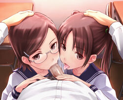 1boy 2girls blush brown_eyes brown_hair censored collaborative_fellatio fellatio glasses group_sex hair_ornament hairclip hand_on_head licking long_hair multiple_fellatio multiple_girls oral original penis pov school_uniform serafuku sex shimano_natsume short_hair solo_focus straight teamwork tied_hair tongue twintails