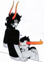 2boys ass black_hair closed_eyes clothing facepaint fellatio gamzee_makara gay grey_skin homestuck horns ms_paint_adventures oral pandemoniumincarnate penis pointy_ears sharp_teeth short_hair smile tavros_nitram troll white_background yellow_eyes