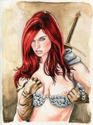 1girls armor bikini_armor breasts chainmail chainmail_bikini dimitris_koskinas female female_only green_eyes nipples red_hair red_sonja red_sonja_(comics) solo tagme topless