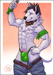 1boy abs anthro bulge canine clothing collar feralise male male_only mammal nipples pants pants_down peable selfie solo underwear